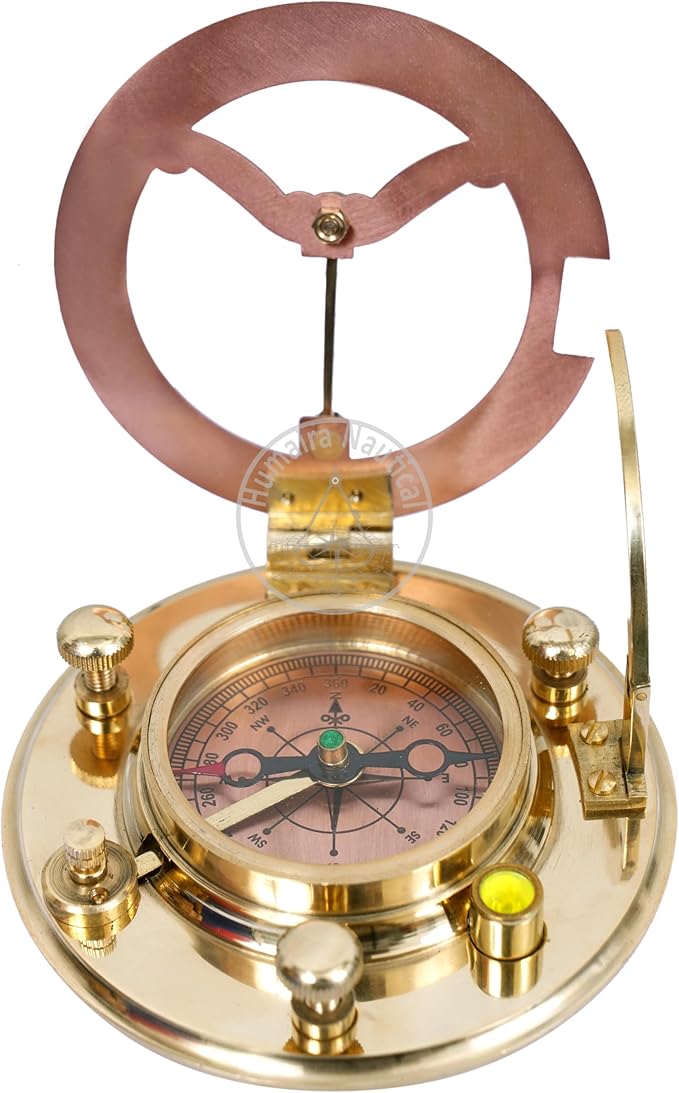 Humaira Nautical Vintage Brass Sundial Compass with Copper Dial & Leather Box Handmade Sun Clock Maritime Navigation Compass Gift