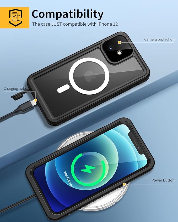 Lanhiem for iPhone 12 Magnetic Case, [Compatible with MagSafe] IP68 Waterproof Dustproof Case with Built-in Screen Protector, Full Body Shockproof Protective Phone Cover for iPhone 12 6.1 inch -Black