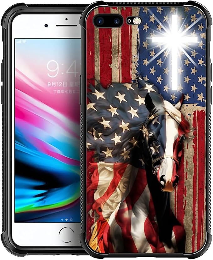 Case for iPhone 7 Plus/8 Plus, Red American Flag Horse Cross Pattern, Soft Silicone Hard Acrylic for Shock Protection