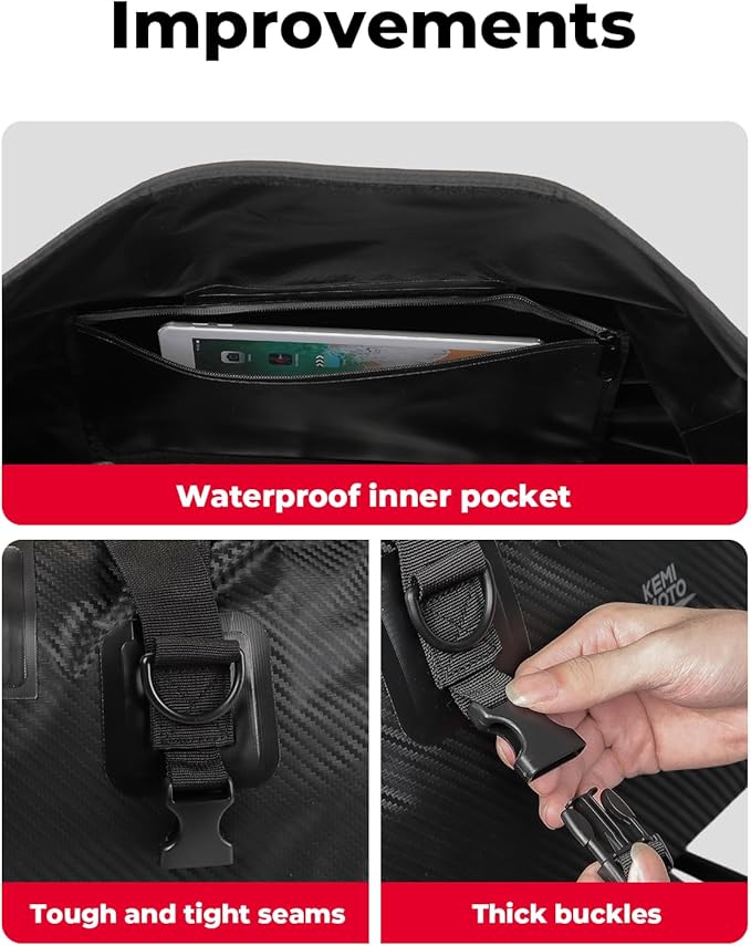 KEMIMOTO Waterproof Motorcycle Dry Bag – Duffle Tail Bag Soft Luggage, 25L/40L/65L Large Capacity with 4 Quick-Release Straps, Dustproof for Touring, Adventure, Motorcycling & Camping Black