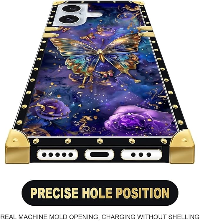 Compatible with iPhone 16 Plus Case, Glistening Golden Butterfly Vibrant Purple Blue Luxury Golden Decoration for Girl Women Soft TPU Shockproof Protective Hard PC Back