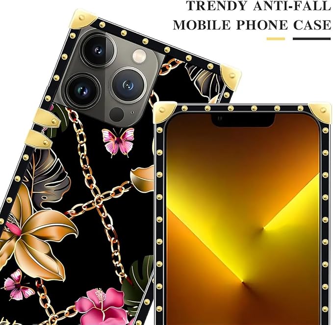 Compatible with iPhone 13 Pro Max Case, Pink Golden Chain Tropical Flower Luxury Golden Decoration for Girl Women Soft TPU Shockproof Protective Hard PC Back for iPhone 13 Pro Max