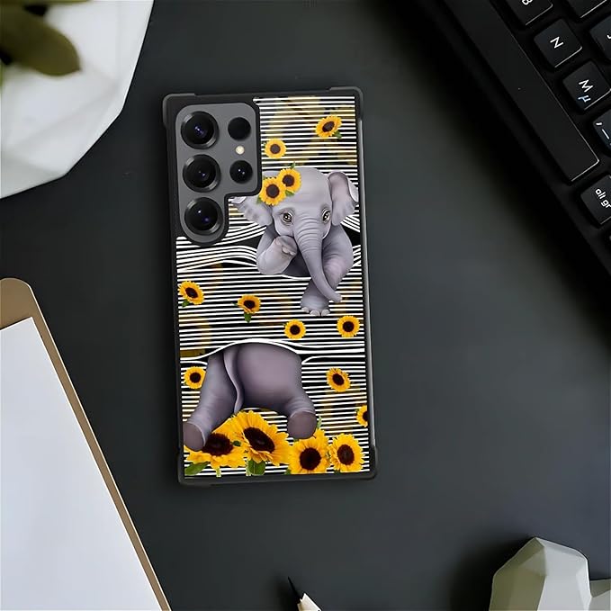for Samsung Galaxy S25 Ultra Case,Graphic Design for Girl Boy Soft Silicone Hard Acrylic Shock Protection Designed Cute Little Elephant Sunflower White Line Art Pattern