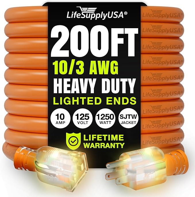 200ft Outdoor/Indoor Extension Cord 10/3 Gauge Ultra Heavy Duty 3 Prong SJTW, Waterproof, Flexible Cold-Resistant Long Power Cord,10A 125V 1250W, Orange by LifeSupplyUSA