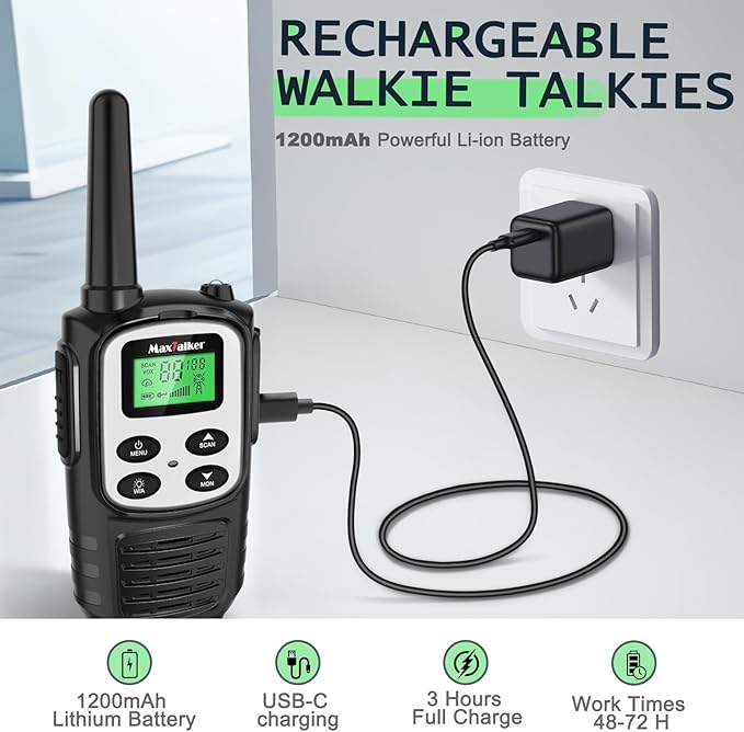 MaxTalker Walkie Talkies Long Range for Adult, MT10 Rechargeable Walkie Talkies FRS Two Way Radio, NOAA, 1200mAh Li-ion Battery USB-C Cable, LED Flashlight,VOX Walkie Talkie for Camping 2Pack (Silver)