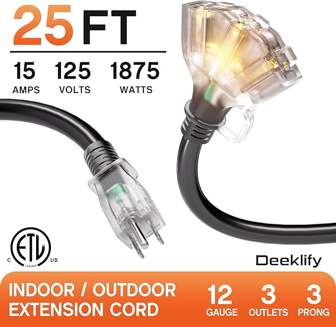 25 ft 12 Gauge Heavy Duty 3 Outlet Extension Cord Splitter with Indicator, Waterproof Outdoor Extension Cord with Multiple Outlets, 15A 1875W for Home & Workshop, ETL Listed, Black SJTW