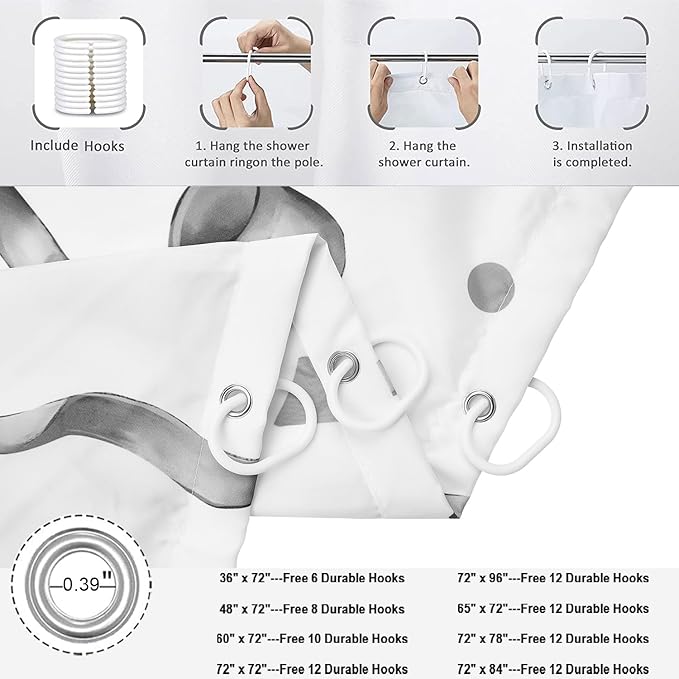 Grey and White Bow Shower Curtain, Grey Modern Aesthetic Bowknot with Polka Dot Cute Girly Bathroom Curtain Waterproof Fabric Machine Washable with Hooks, 48" Wx72 L