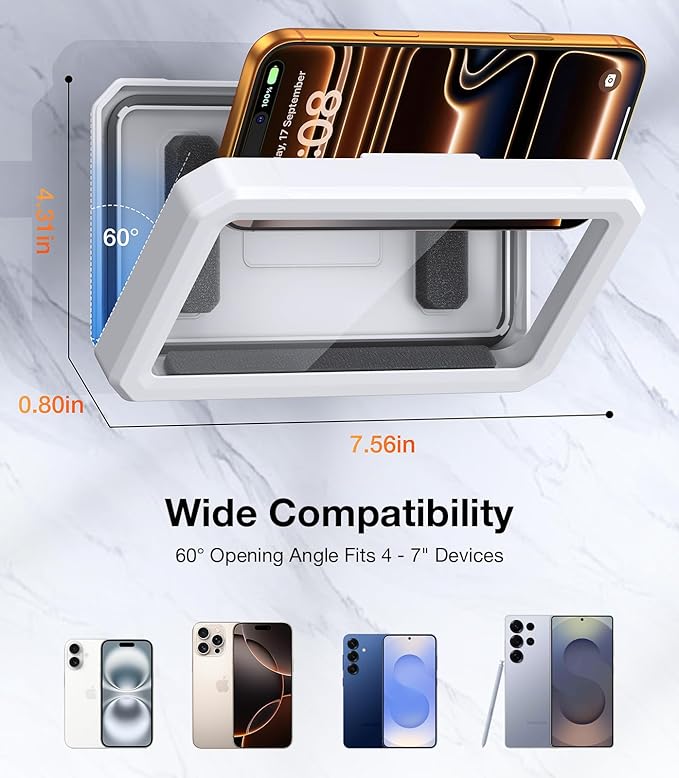 Coolpow Shower Phone Holder Waterproof Phone Holder for Shower Wall Waterproof【Anti-Fog】480°Adjustable Retractable Bathroom Phone Holder Mount Stand Water Proof Shower Case for iphone 4-7" Cellphones