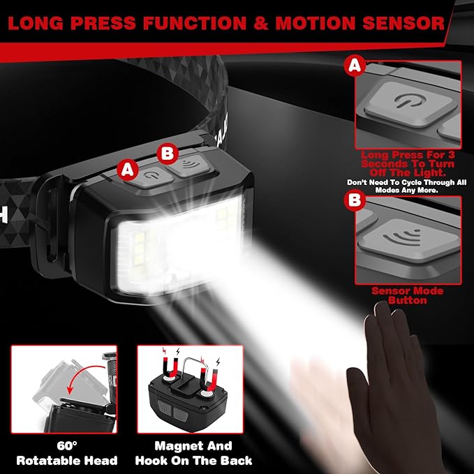 Headlamp Rechargeable,2 Pack 2000 Lumen Super Bright Led Headlamp,16 Modes Motion Sensor Head Lamp,Ipx6 Waterproof Lightweight Headlight,White Red Flashlight For Fishing Camping Hunting Essentials