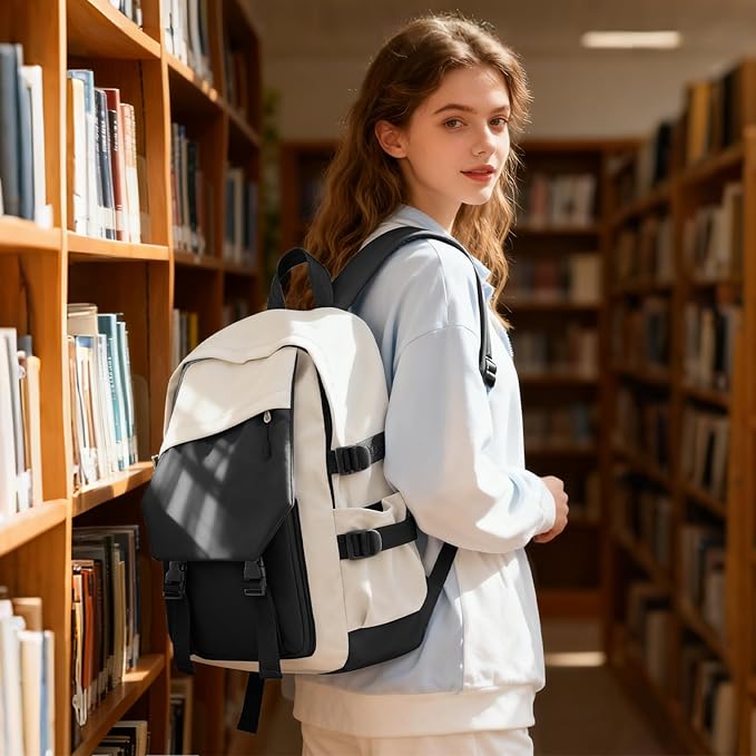 coowoz School Bag Lightweight Casual Daypack College Laptop Backpack for Men Women Water Resistant Travel Rucksack for Sports High School Middle Bookbag for girls(Black white)