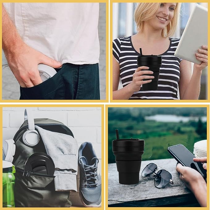 12 Oz Silicone Collapsible Travel Cup with Bag,Portable Silicone Water Bottle for Hot and Cold Beverages, Reusable Folding Drinking Cup with Lids 350ml for Outdoor Camp Hiking Travel with Straw -Black