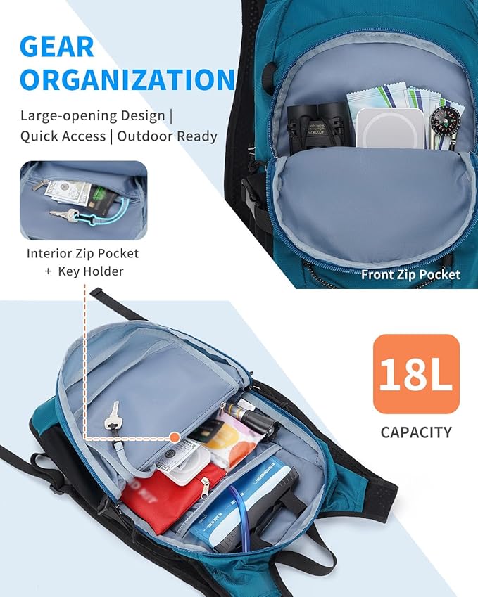 Blue Quartz Hydration Backpack with 2L Water Bladder, 18L Hiking Backpack for Women Men, Lightweight Water Pack with Phone Pocket for Quick Access, Hydration Pack for Cycling, Running, Biking
