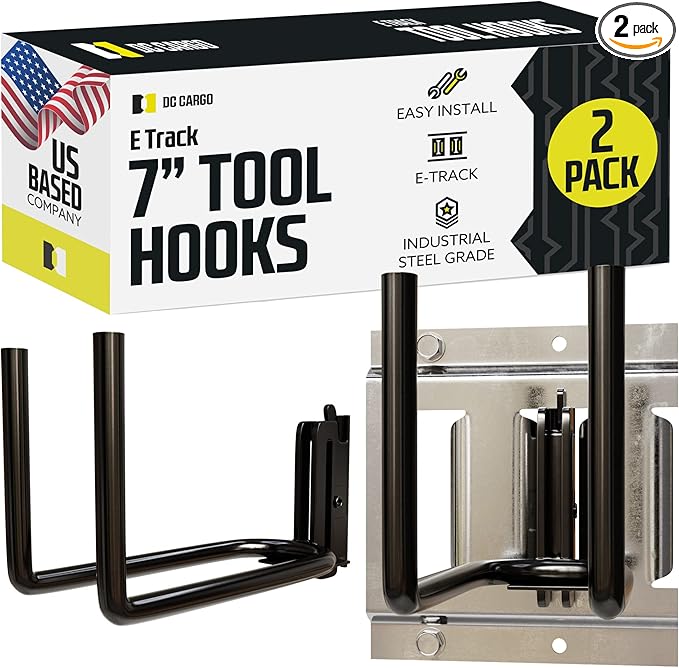 DC Cargo Mall Heavy Duty Hook Hanger E Track Accessories 7.5" Deep (2 Pack) - Garage Wall Mount, Box Truck, Enclosed Trailer, Storage ETrack System - Universal Garage Storage Organizer for Tools