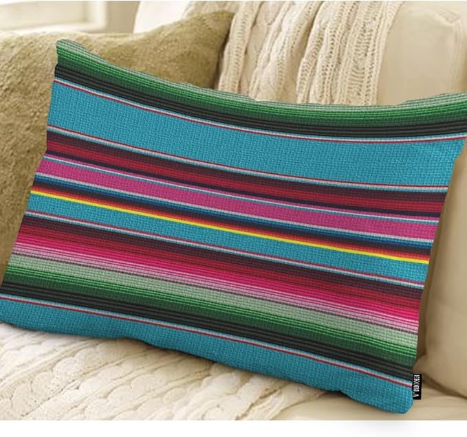 EKOBLA Decorative Lumber Cushion Case Mexican Stripes Pattern Ethnic Cinco De Mayo Rainbow Color Striped Home Decorative Waist Lumber Cotton Linen Pillowcases Oblong Rectangle Case