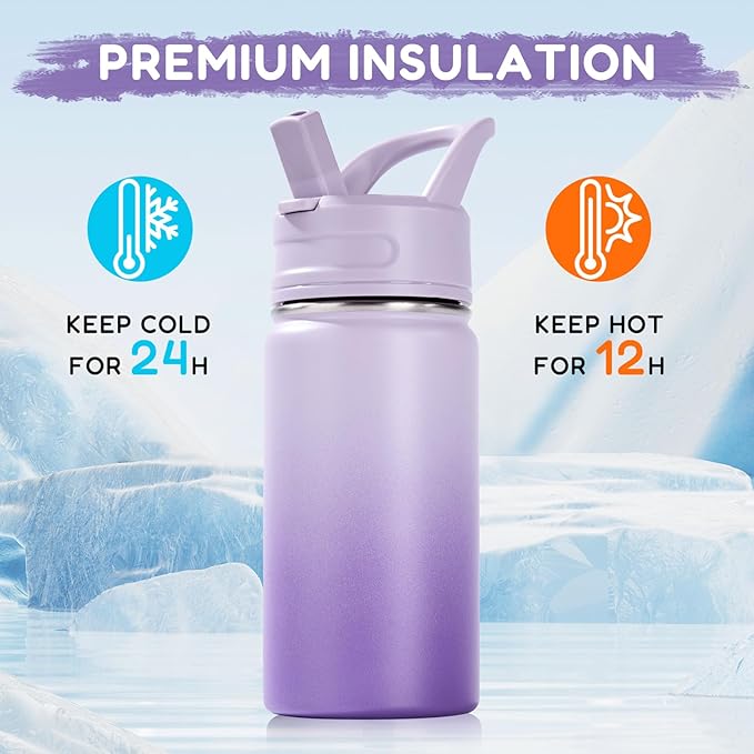 Fijinhom 12oz Water Bottle for School, Bottles with Straws, Stainless Steel Vacuum Insulated Water Bottle, Leak-Proof, BPA-Free, Cherry + Lavender