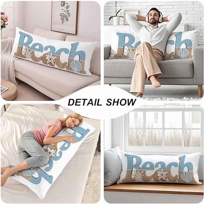 Beach Body Pillow Cover, Decorative Body Pillow Covers Ocean Starfish Seashells Pillow Cushion Case Zipper Body Pillowcase Soft Cushion Cover for Bedding,Couch,Home 20"X54"