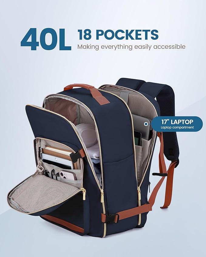 LOVEVOOK Travel Backpack for Women & Men 40L,Airline Approved Carry On Backpack Travel Essentials,TSA Carry on Luggage,Waterproof Personal Item Travel Bag,Suitcase with 3 Packing Cubes,Dark blue-Brown