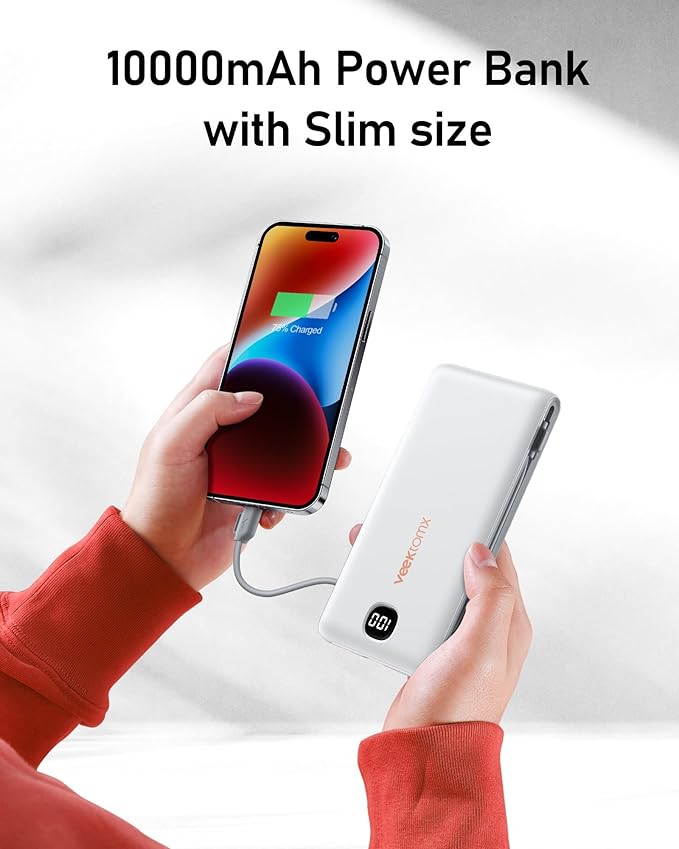 VEEKTOMX Portable Charger with Built in Cables 10000mAh, Power Bank for iPhone with AC Wall Plug, Fast Charging USB C Slim Battery Pack with LED Display Compatible with iPhone 17/16/15/14, Samsung