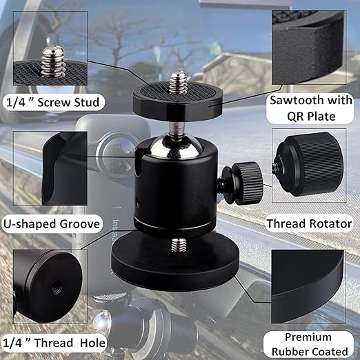 ULIBERMAGNET 24lb Magnetic Camera Mount with Mini Ball Head, Super Strong Rubber Coated Neodymium Magnet, 1/4''-20 Male Thread Stud for Security Camera
