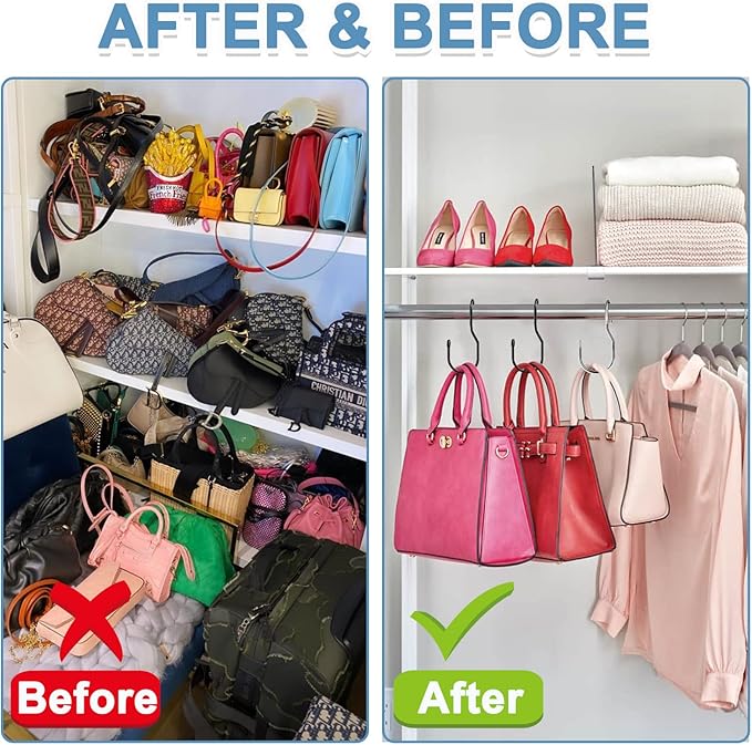 Unique Twist Design Bag Hanger Purse Hooks - 5 Inch Large Size Closet Rod Hooks for Hanging Bags, Purses, Handbags, Belts, Scarves, Hats, Clothes, Pans and Pots (12 Pack)