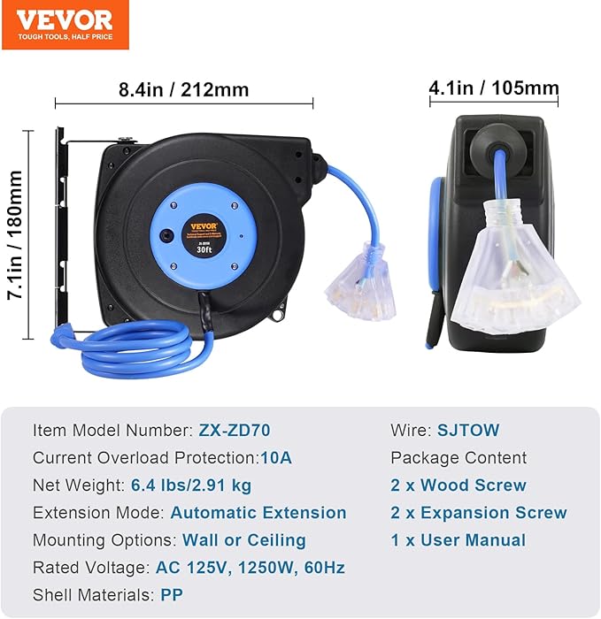 VEVOR Retractable Extension Cord Reel, 30 FT, Heavy Duty 16AWG/3C SJTOW Retractable Power Cord Reel with Lighted Triple Tap Outlet 10 Amp Circuit Breaker, for Ceiling or Wall Mount, Blue