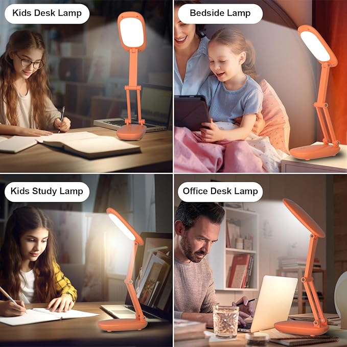 Akejrym LED Desk Lamp for Office Home & Battery Operated Lamp Rechargeable Lamp Foldable & Portable Light, [2-Fold Bracket] 3 Brightness Dimmable Small Desk Lamp Wireless Reading Lamp (Orange)