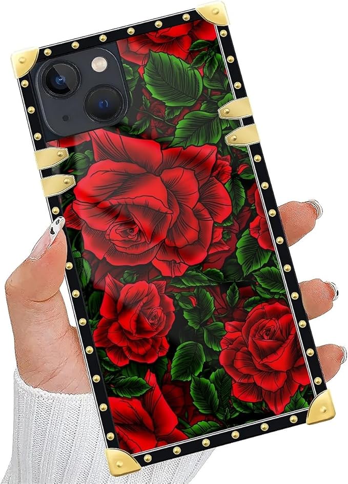 Compatible with iPhone 15 Case, Vector Red Rose Green Leaf Luxury Golden Decoration for Girl Women Soft TPU Shockproof Protective Hard PC Back for iPhone 15
