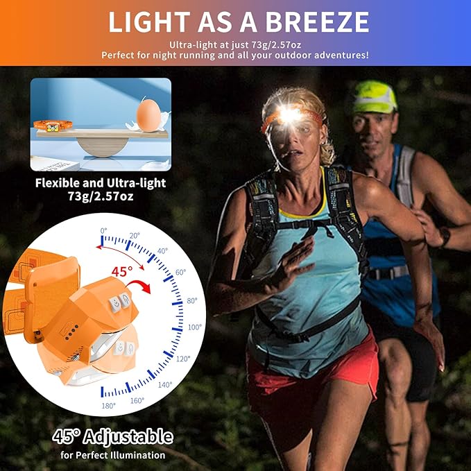 Headlamp Rechargeable LED, 800 Lumens with Red & White Light, 8 Modes, Motion Sensor, USB-C Charging, IPX4 Waterproof (1, Orange)