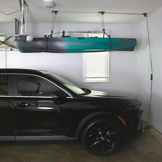 Teal Triangle Heavy Duty Elite Kayak Hoist, Easy-Lift Garage Pulley System, Holds 150 lbs, Fits 12-Foot+ Ceilings, Patented No-Slip Strap, No Setup Required
