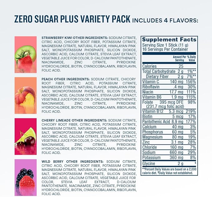 DripDrop Zero Sugar Plus - Sugar Free Hydration Packets - Single Serve Electrolytes Powder Drink Mix - Strawberry Kiwi, Peach, Cherry Limeade, Wild Berry - Non-GMO, Vegan - 16 Sticks