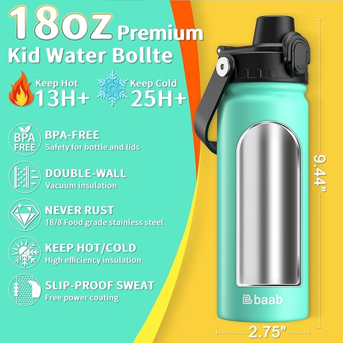 baab 18oz Kids Water Bottle, Insulated Kids Water Bottle with Lockable Spout Lid & Stickers, 18/8 Stainless Steel Vacuum Leakproof Kid Water Cup with Boy Girl & School (Mint Green, 1 Pack)
