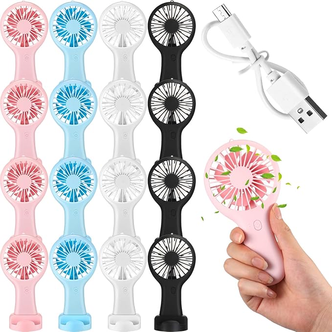 Woanger 12 Pcs Mini Handheld Fan Bulk 3 Speed USB Electric Battery Operated Small Portable Pocket Fan with Data Cable and Mounting Base Quiet Summer Gift for Wedding Camping Travel(Elegant Colors)