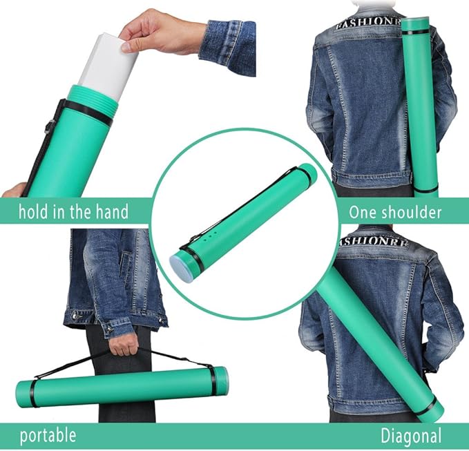DEWEL Document Tube,Plastic Expanding Poster/Art/Document Storage Tube 24.5 to 40 inches Adjustable with Carrying Strap Waterproof and Light-Resistance Telescoping Carrying Case (Green-Large Size)