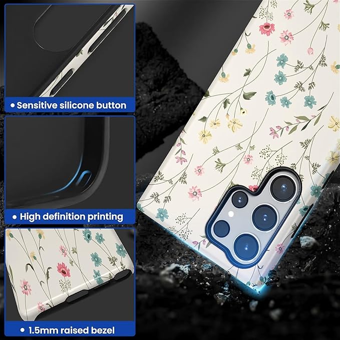 for Samsung Galaxy S24 Ultra Case,HL2 Beige Flower Branch Hybrid 2 Layer Hard Shell Silicone Protective Pattern Design Case