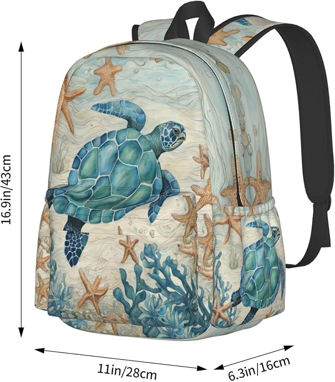 cfpolar 17 Inch Backpack Vintage Sea Turtle Starfish Laptop Bag Shoulder Bag School Bookbag Casual Daypack For Boys Girls