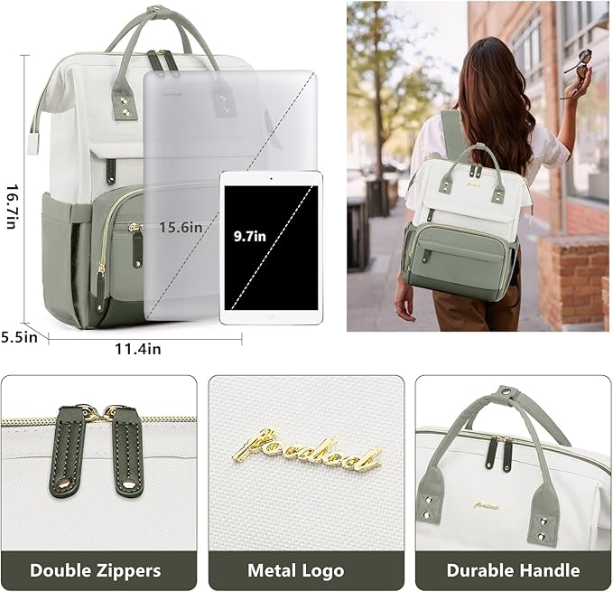 Focdod Laptop Backpack for Women Work Bag - 15.6 Inch Professional Womens Travel Backpack Purse Computer Laptop Bookbag Nurse Teacher Backpacks Waterproof Carry on Back Pack Beige Light Green