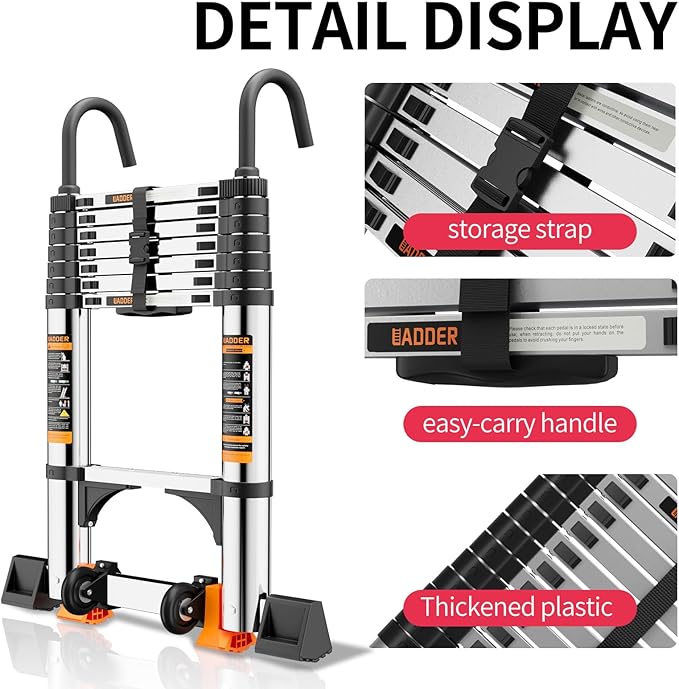 Telescoping Ladder,with Stable Hook and stabilizer barand,Extension Ladder, Heavy Duty 330lbs Max Capacity, Multi-Purpose Collapsible Ladder for RV or Outdoor Work (16.5FT/5.1M)