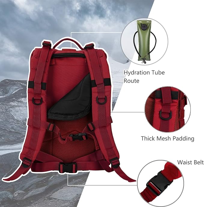 Hannibal Tactical MOLLE Assault Backpack, Tactical Backpack Military Army Camping Rucksack, 3-Day Pack Trip w/USA Flag Patch, D-Rings, Red