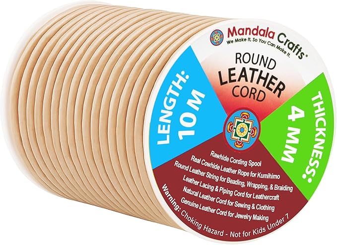 Mandala Crafts Round Genuine Beige Leather Cord for Jewelry Making – 4mm Cowhide Leather Rope String Lace for Kumihimo – 11 Yards Cowhide Craft Cording Spool