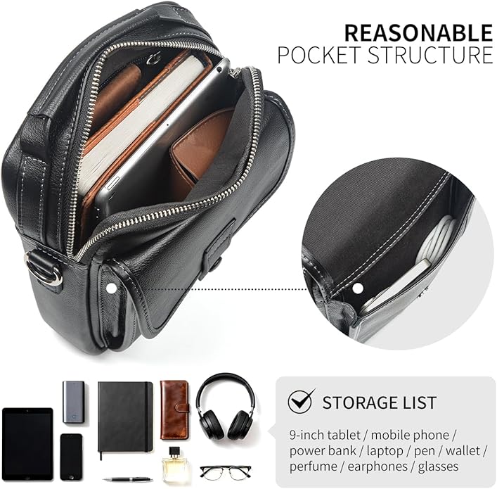 Augus Leather Small Messenger Bag For Men Crossbody Handbag Shoulder Sling Travel Bags for Men Purse Daypack Magnetic Buckle
