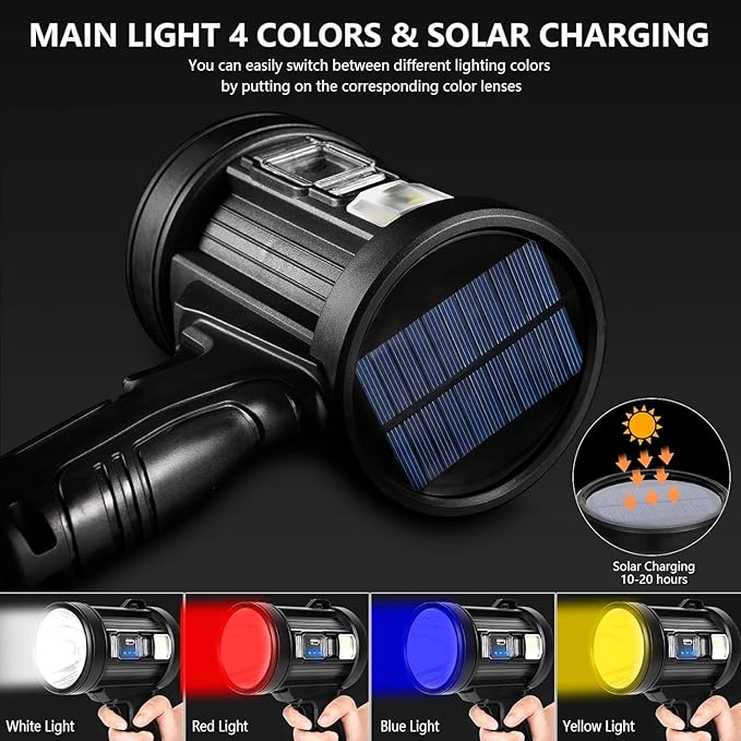 MIXILIN Rechargeable Spotlight, 2,000,000 Lumens Handheld Hunting Flashlight Led Spot Light with Cob Light and Solar Panels, Lightweight and Super Bright Spotlight for Hunting Boating Camping