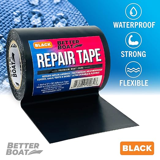 Better Boat Repair Tape for Fabric and Vinyl 30ft x 3in, Black Waterproof Patch Tape for RV Awning Canvas Tent Tarp Sail Canopy Boat Cover, Heavy Duty