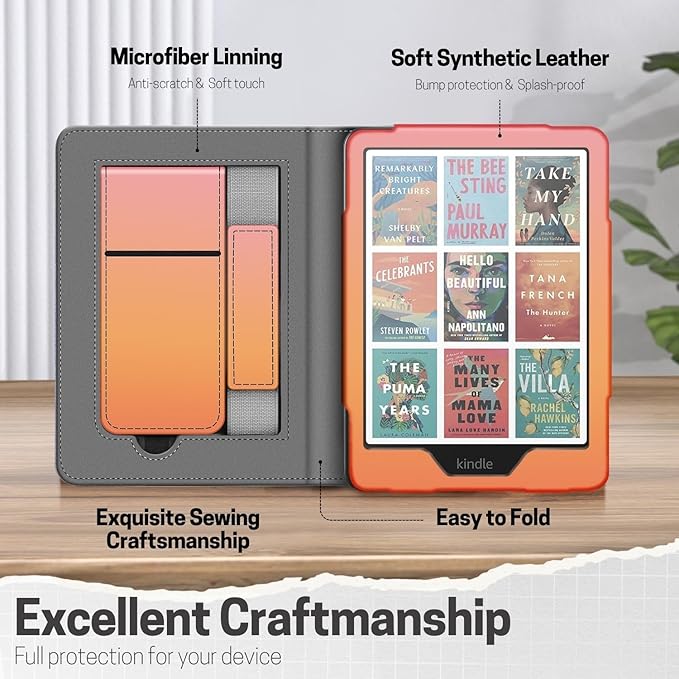 TNP Stand Case for Kindle Paperwhite 12th Generation 2024 / Kindle Colorsoft Signature Edition with Hand Strap & Card Slot - 7" PU Leather Protective Folio Cover with Auto Wake/Sleep, Pink Orange