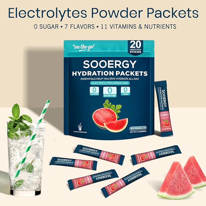 Electrolytes Powder Packets Sugar Free Hydration Packets, Liquid Daily IV Electrolyte Drink Mixex for Rehydration with Electrolytes, Vitamins, 0 Calorie, Watermelon Flavor, 20 Sticks