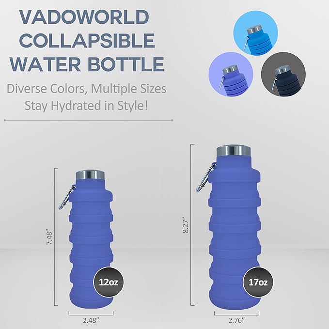 Collapsible Water Bottles 12oz, Odorless BPA-Free Silicone, Leak-Proof Foldable Reusable Bottle - Perfect for Travel Sports Gym Hiking Camping Cycling - Purple