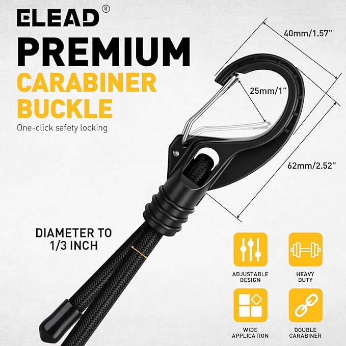 8-Piece 36-inch Adjustable Bungee Cords with Hooks, Heavy Duty Outdoor Carabiner Bungee Straps, Easily Adjust from 7" to 36", Black Super Elastic Cord for Cargo, Camping, Bike Racks, Tents