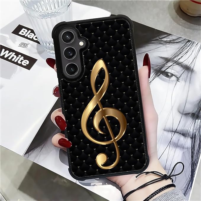 for Samsung Galaxy S23 FE Case, Gold Black Music Pattern Graphic Design Girl Boy Soft Silicone Hard Acrylic Shock Protection for Samsung Galaxy S23 FE