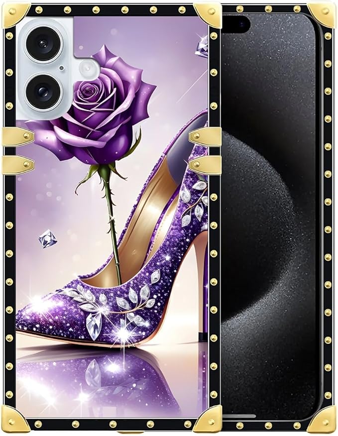 Compatible with iPhone 16 Case, High Heeled Purple Diamond Rose Luxury Golden Decoration for Girl Women Soft TPU Shockproof Protective Hard PC Back for iPhone 16