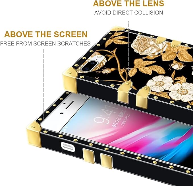 Compatible with iPhone 8 7 SE Case, Blooming Rose Golden Flower Luxury Golden Decoration for Girl Women Soft TPU Shockproof Protective Hard PC Back for iPhone 8 7 SE