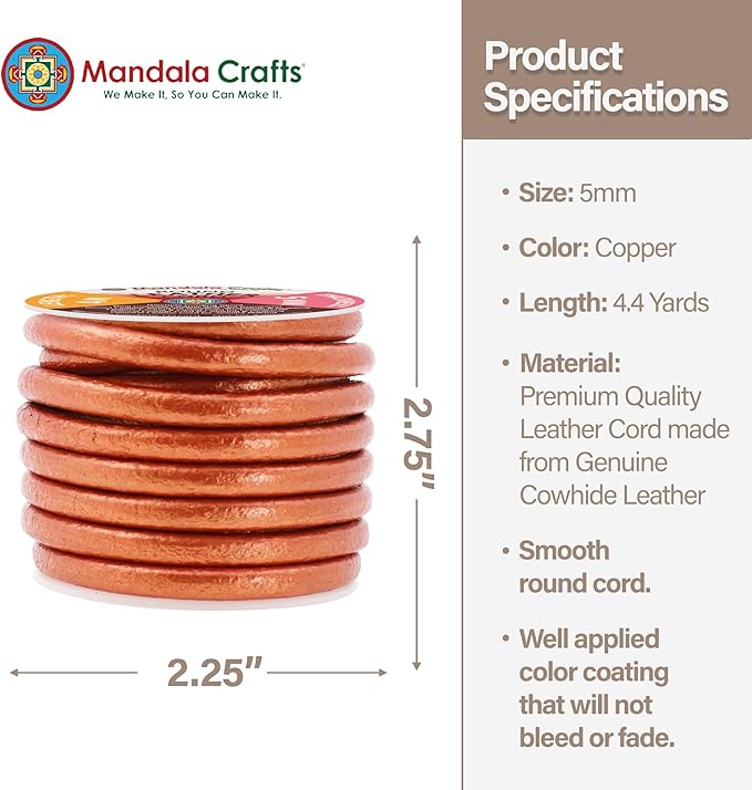 Mandala Crafts Round Genuine Copper Leather Cord for Jewelry Making – 5mm Cowhide Leather Rope String Lace for Kumihimo – 4.4 Yards Cowhide Craft Cording Spool